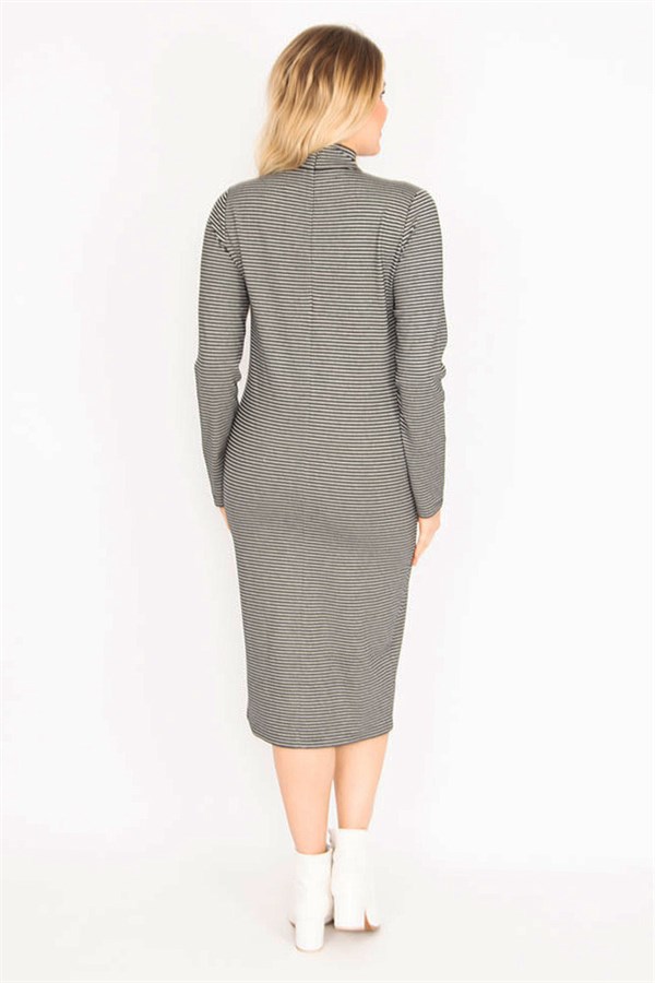 Kadın Siyah Balıkçı Yaka Çizgi Detaylı Viskon Elbise 85N7268