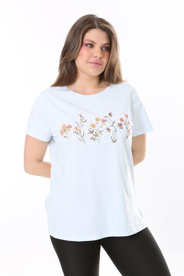 Büyük Beden Bebe Mavisi Pamuk Kumaş Ön Baskılı Kısa Kollu Bluz 65N37807