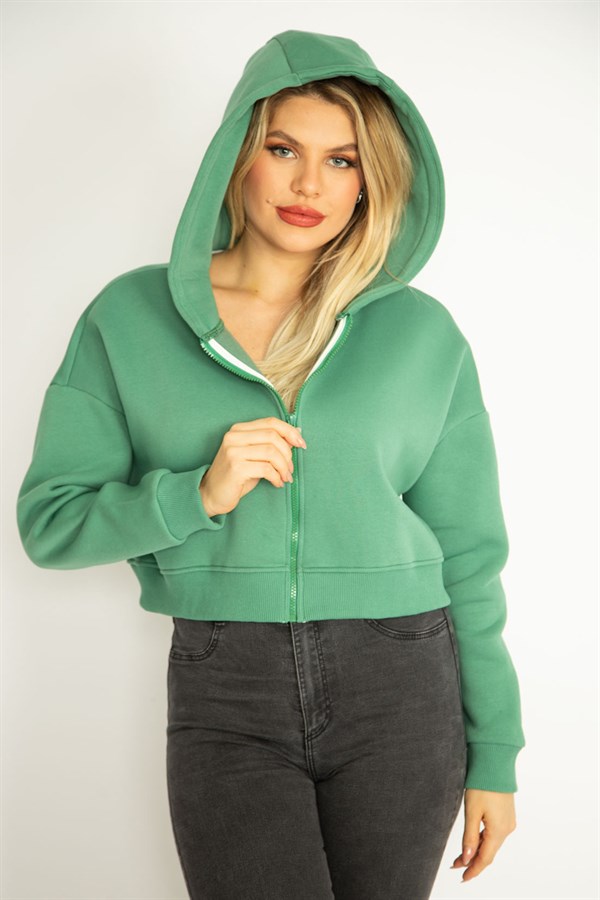 Kadın Yeşil 3 İplik Polar Ön Fermuarlı Kapşonlu Sweatshirt 65N35050