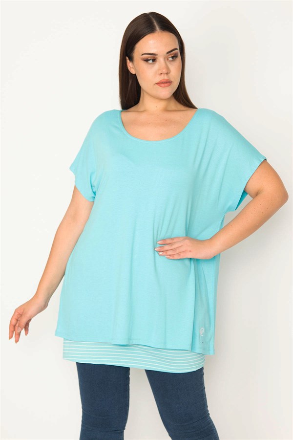 KADIN MAVİ İÇİ ÇİZGİLİ ATLETLİ DÜŞÜK KOLLU BLUZ