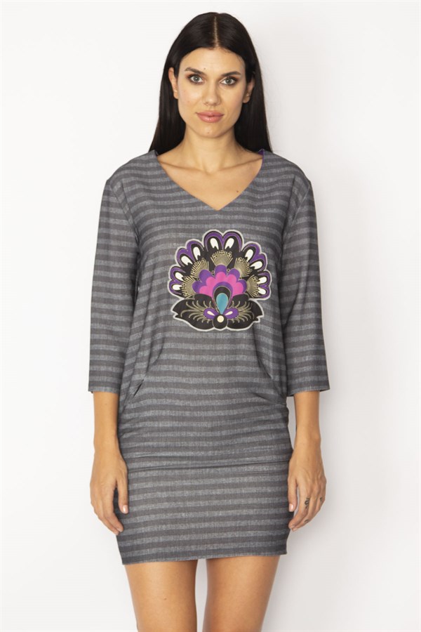 ROBE FEMME GRISE À POCHES ET MANCHES FAKIR À COL EN V