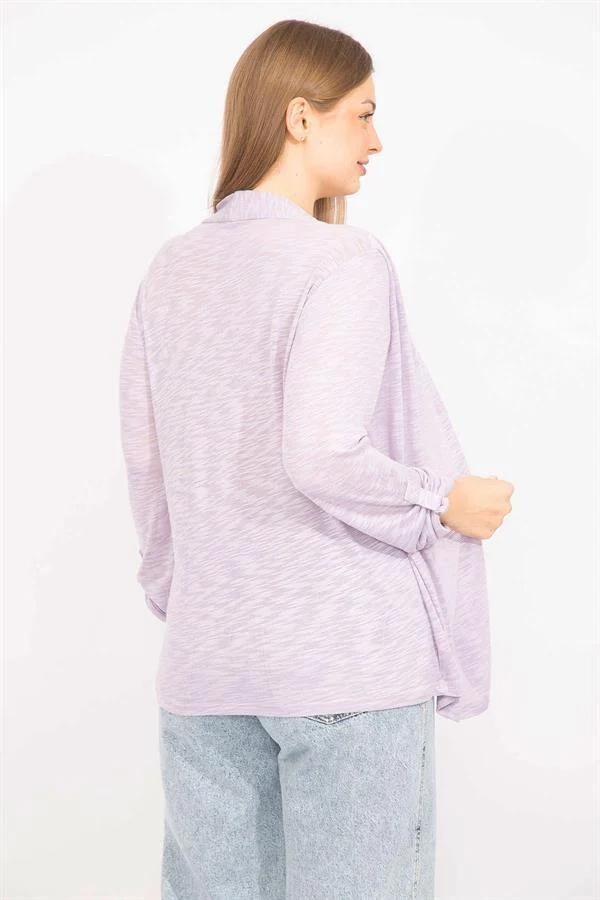 Kadın Lila Büyük Beden İkili Görünümlü Tek Parça Kol Detaylı Bluz 65N35575
