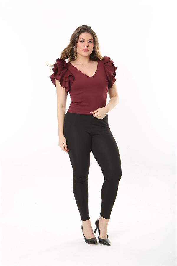 Kadın Büyük Beden Bordo Volan Kollu Arka Gizli Fermuarlı Bluz 65N37533