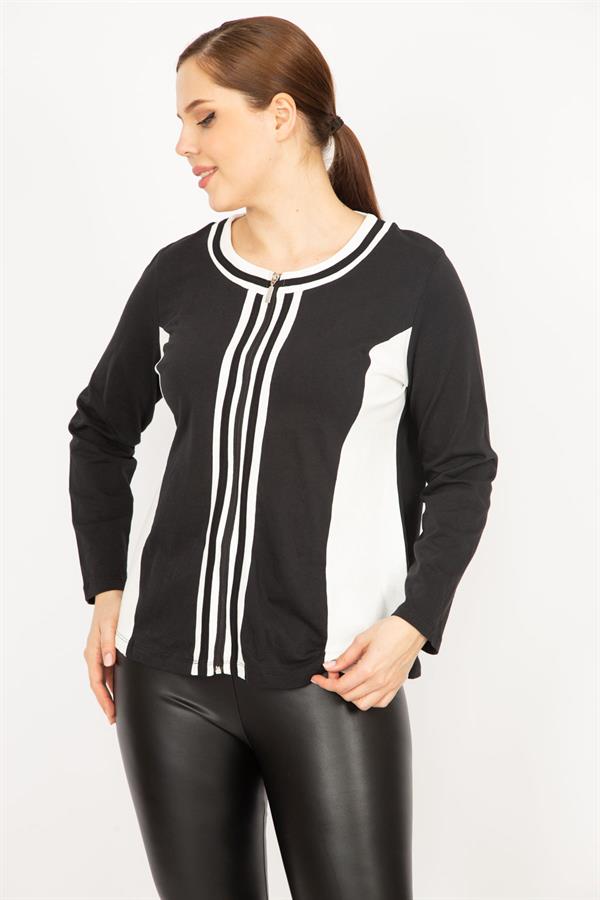 Kadın Siyah Büyük Beden Ön Fermuarlı Astarsız Spor Ceket