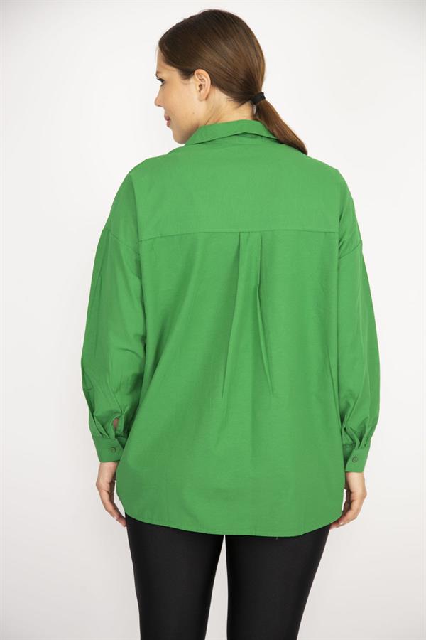 Kadın Büyük Beden Yeşil Ön Düğmeli Uzun Kollu Gömlek 65N37037