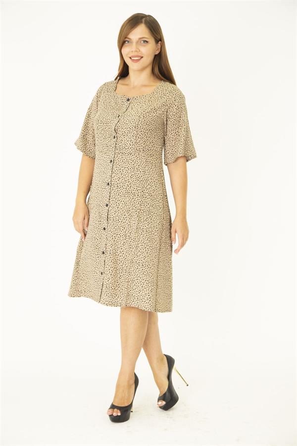 Kadın Büyük Beden Lacivert Dokuma Viskon Kumaş Ön Düğmeli Cepli Elbise 65N36785