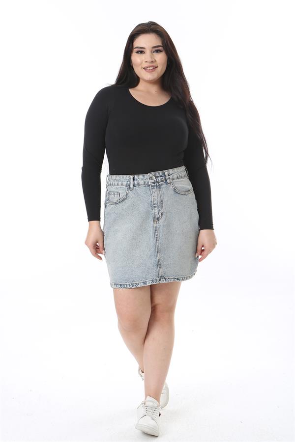 Kadın Büyük Beden Mavi Yıkama Efektli Kot Etek 65N38500