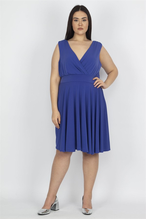 Kadın Saks Anvelop Yaka Arka Bel Lastik Detaylı  Elbise 65N29763