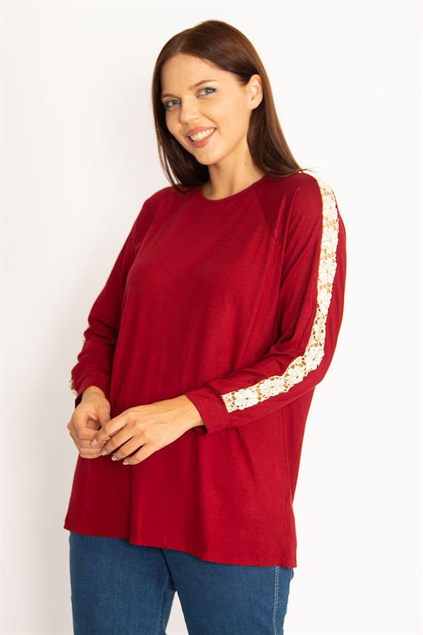 Kadın Bordo Dantel Detaylı Bluz 65N34646
