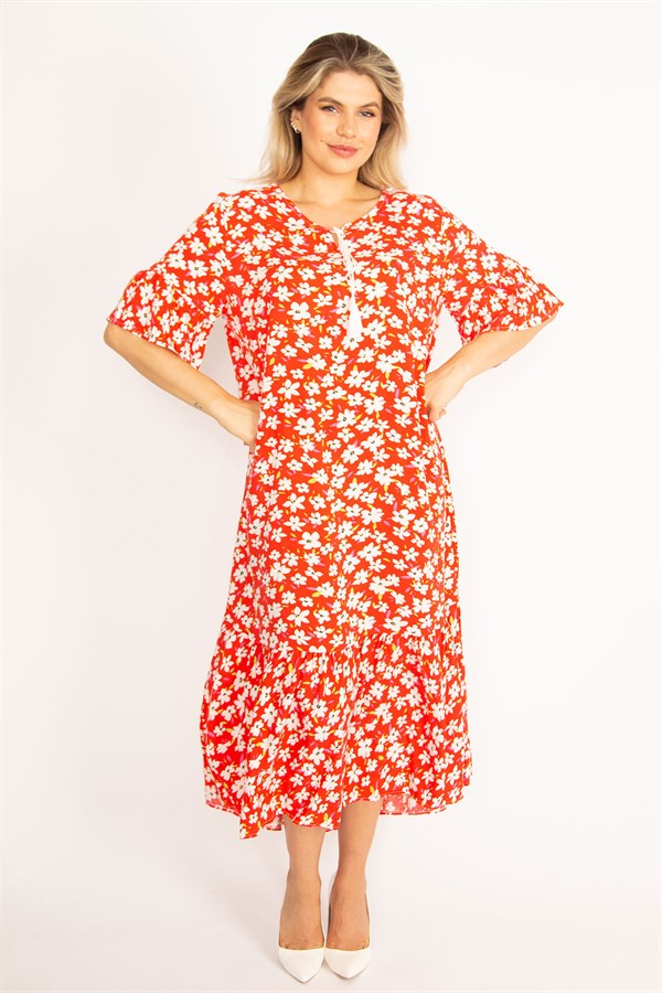 Kadın Kırmızı Dokuma Viskon Kumaş Volan Kollu Etek Ucu Katlı Elbise 65N34435