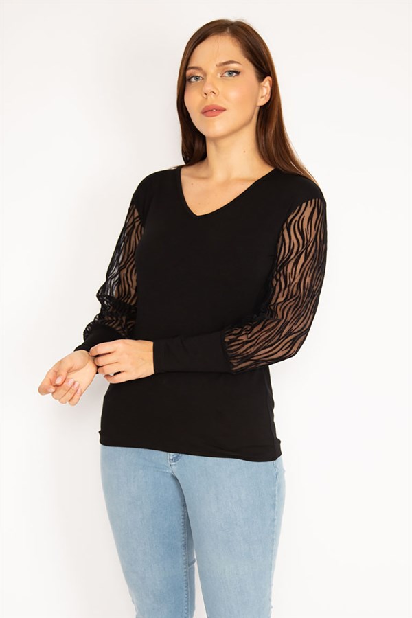 Kadın Siyah Flok Detaylı Bluz 65N35329