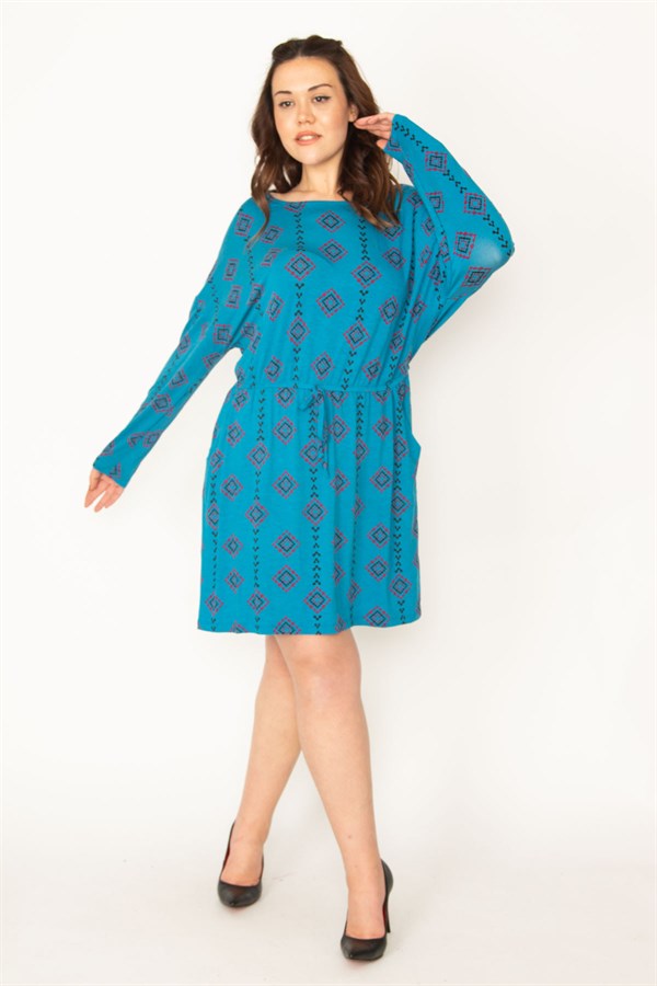 KADIN YEŞİL BELİ LASTİK VE CEP DETAYLI ELBİSE