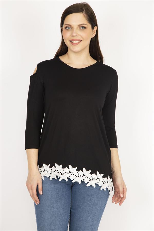 Kadın Siyah Büyük Beden Tek Omuz Dekolteli Etek Ucu Dantel Bluz