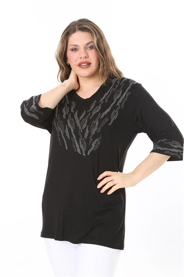 Kadın Büyük Beden Siyah Taş Detaylı Bluz     65N37976