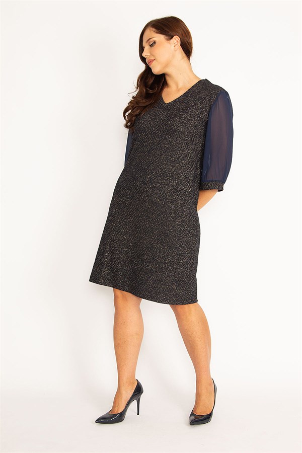 Kadın Gri Sim Detaylı Kolları Şifon Elbise 65N34746