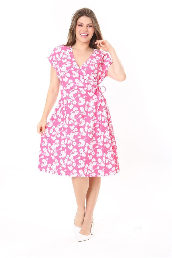 Kadın Pembe Anvelop Yakalı Yan Bağcıklı Bürümcük Elbise 65N37779