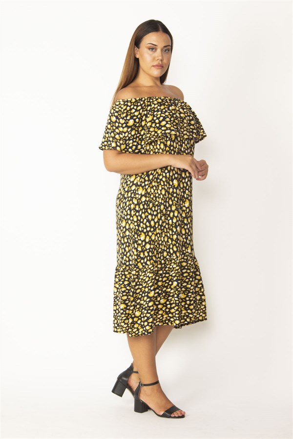 Kadın Kırmızı Yakası Lastik Ve Volan Detaylı Etek Ucu Katlı Dokma Viskon Kumaş Elbise 65N28546