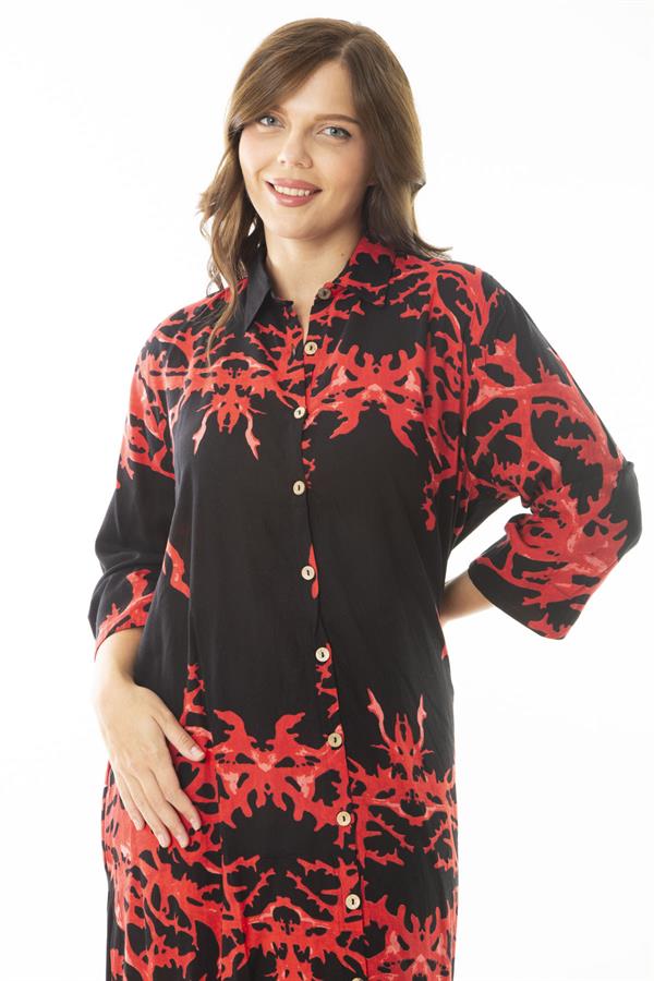 Kadın Büyük Beden Kırmızı Dokuma Viskon Kumaş Ön Boy Düğmeli Uzun Kollu Elbise 65N36887