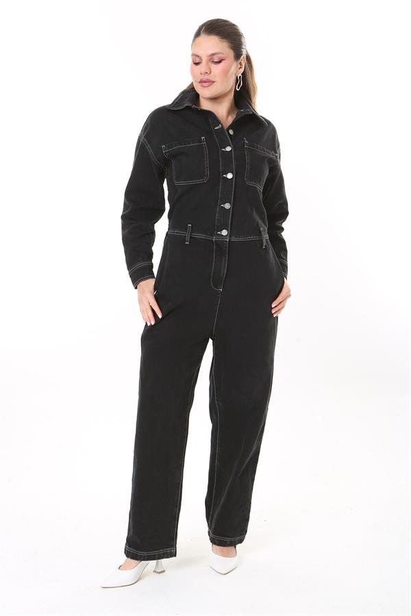 Kadın Büyük Beden Siyah Kontrast Dikişli Metal Düğmeli Kot Tulum 65N37723