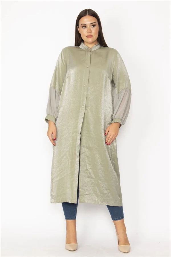 Kadın Siyah Simli Kumaş Kol Ağzı Şifon Detaylı Hakim Yaka Ön Düğmeli Uzun Kap 65N28483