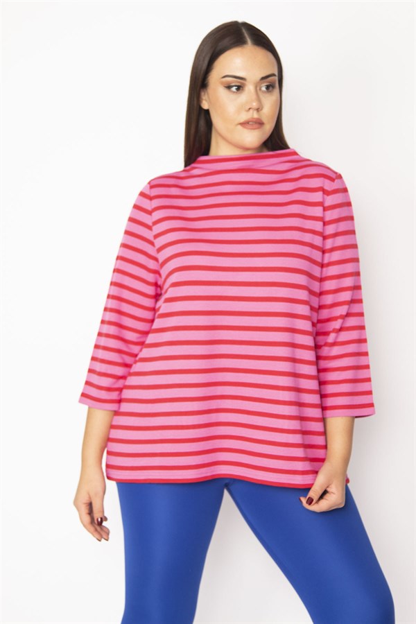 Kadın Fuşya Dik Yakalı Kapri Kollu Çizgili Bluz 65N29480