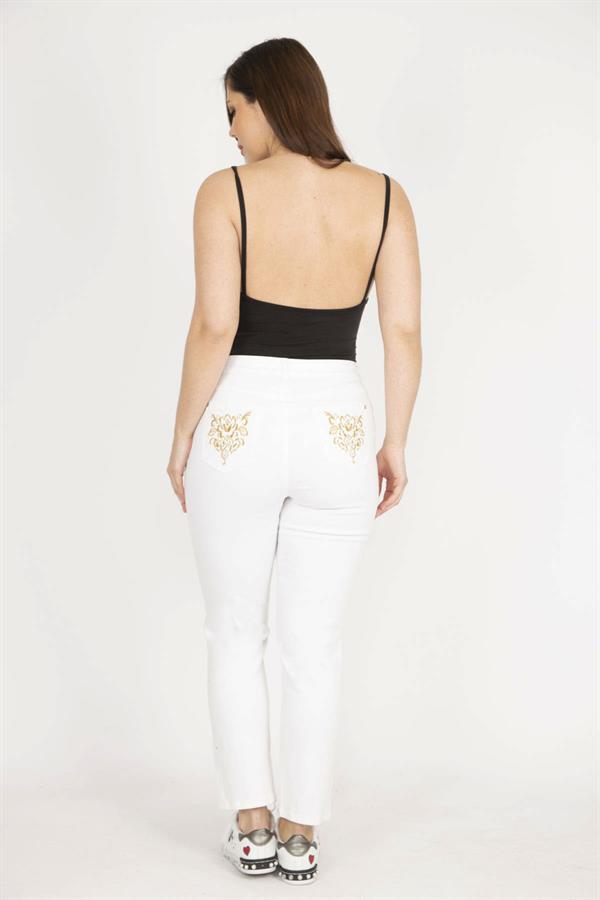 Kadın Kemik Büyük Beden Arka Cep Nakışlı Likralı 5 Cep Kot Pantolon