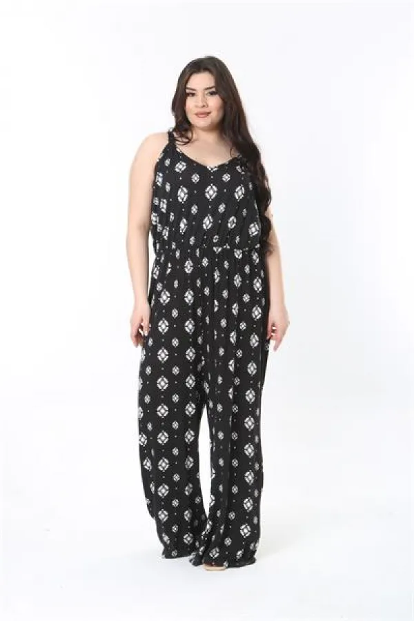 Kadın Büyük Beden Siyah Askılı Geniş Paçalı Beli Lastikli Rahat Kesim Tulum 65N38852