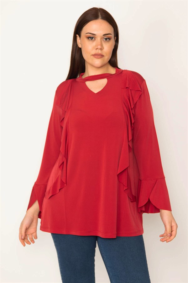 KADIN BORDO YAKA VE VOLAN DETAYLI BLUZ