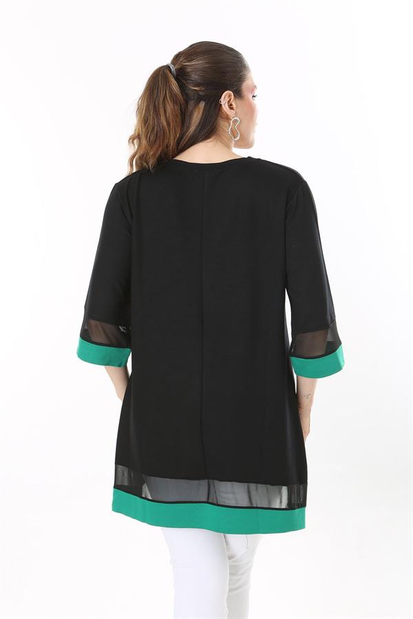 Kadın Büyük Beden Kemik Kol Ve Etek Ucu Tül Ve Garni Detaylı V Yakalı Arkası Uzun Tunik 65N37681