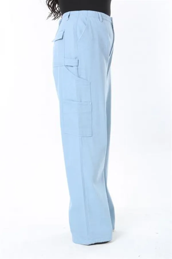 Kadın Büyük Beden Mavi Yüksek Bel Kargo Cepli Geniş Paçalı Kot Pantolon 65N38896