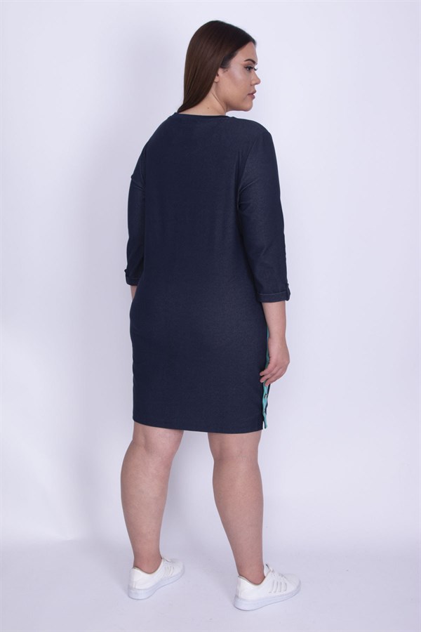 Kadın Lacivert Tensel Kot Yanları Metal Düğme Yırtmaçlı Yan Şeritli Elbise 65N25966