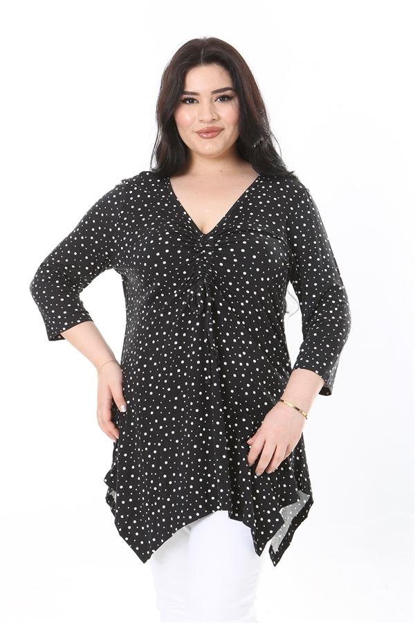 Kadın Büyük Beden Siyah Göğüs Büzmeli Puan Desenli Kapri Kollu Bluz 65N37949