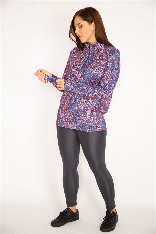 Women's Colorful Front Placket Zippered Underarm Tulle Detailed Sports Sweatshirt 65N34944