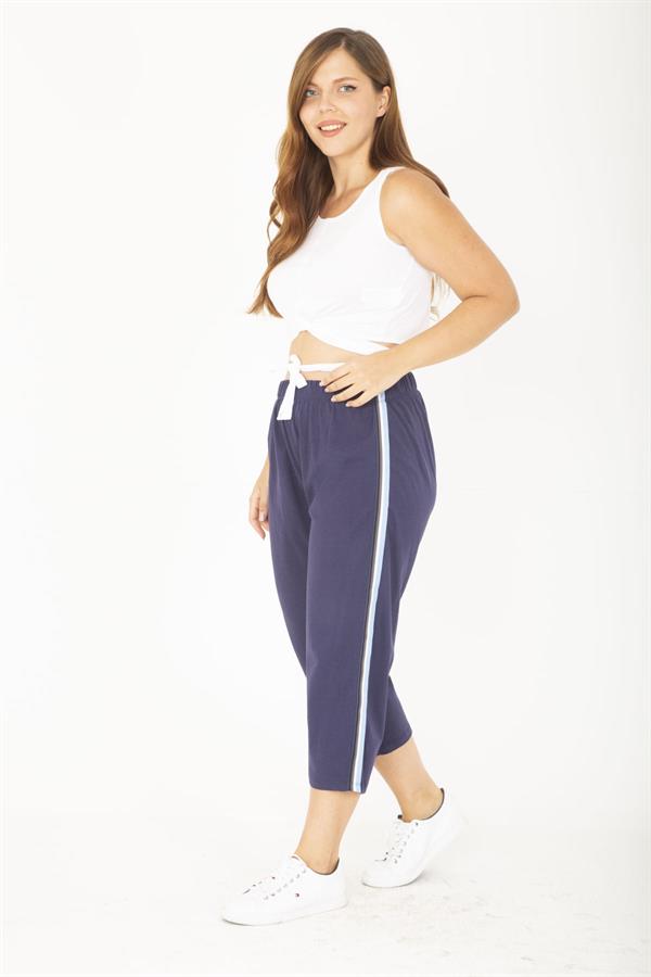 Kadın Büyük Beden Mavi Pamuk Kumaş Yan Şeritli Fermuarlı Tek Cepli Eşofman Alt 65N36809