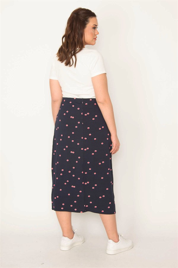 KADIN LACİVERT BEL LASTİKLİ DESENLİ ETEK