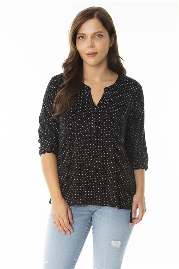 Kadın Büyük Beden Siyah Puan Desenli V Yaka Patı Düğmeli Kapri Kollu Bluz 65N36958