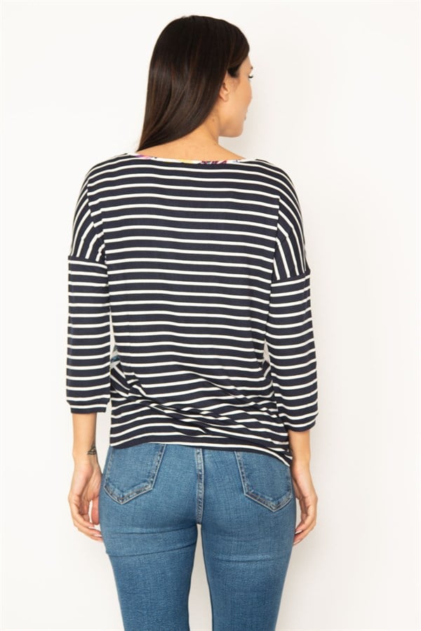 V-NECKED BLOUSE WITH STRIPED AND FLORAL PATTERNS