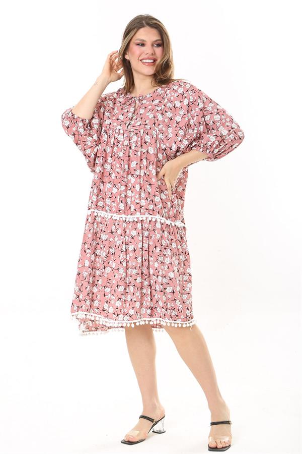 Kadın Büyük Beden Pembe Ön Patı Düğmeli Göğüs Büzgü Ve Ponpon Detaylı Elbise 65N37870