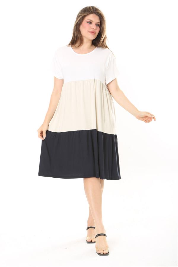 Kadın Büyük Beden Renkli Renk Kombinli Katlı Kısa Kol Elbise 65N37874