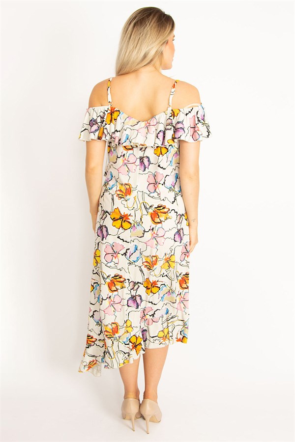 Kadın Renkli Yaka Lastikli Askı Ve Volan Detaylı Elbise 65N34441