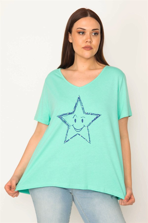 KADIN YEŞİL TAŞ BASKILI V YAKALI BLUZ