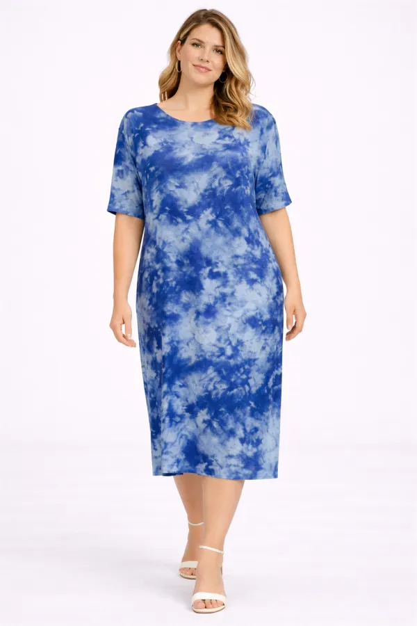 Kadın Büyük Beden Mavi, Batik Desen Viskon Elbise 65N39469