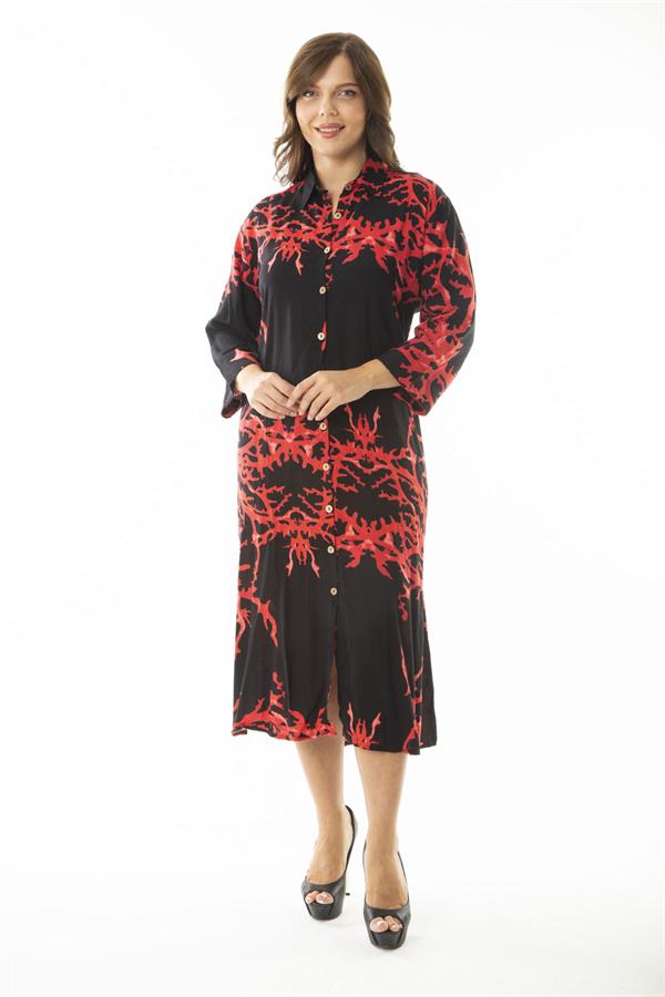 Kadın Büyük Beden Kırmızı Dokuma Viskon Kumaş Ön Boy Düğmeli Uzun Kollu Elbise 65N36887