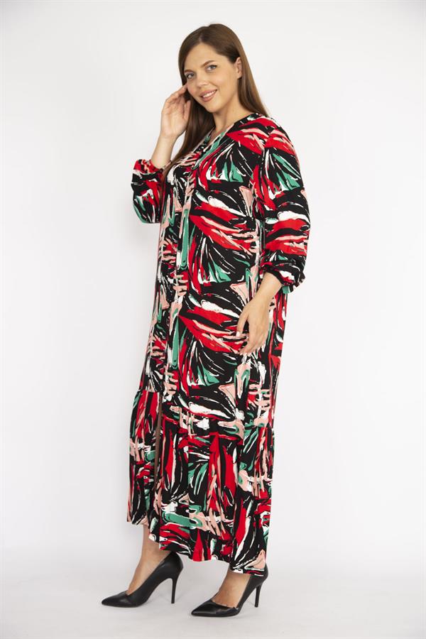 Kadın Renkli Büyük Beden Dokuma Viskon Kumaş Ön Düğmeli Etek Ucu Katlı Uzun Kollu Elbise