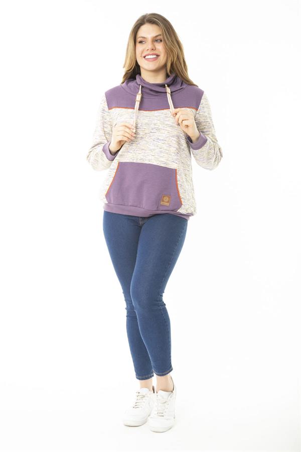 Kadın Büyük Beden Kuşgözü Bağcık Ve Süs Düğme Detaylı Kanguru Cepli Dik Yaka Sweatshirt 65N37122