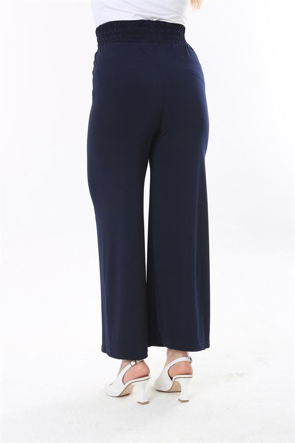 Kadın Büyük Beden Lacivert Beli Geniş Lastikli Likralı Jarse Pantolon 65N37845