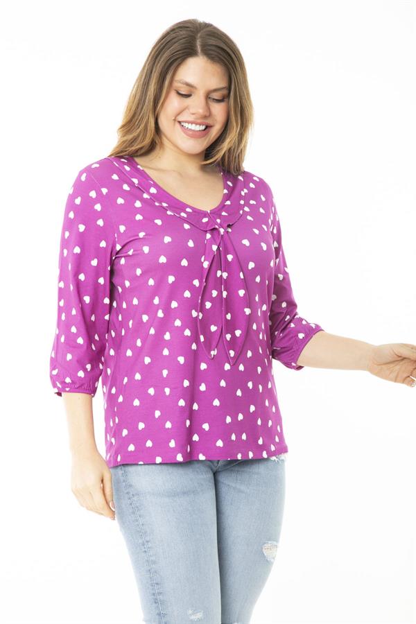 Kadın Büyük Beden Eflatun Yaka Fularlı Kalp Desenli Bluz 65N37144