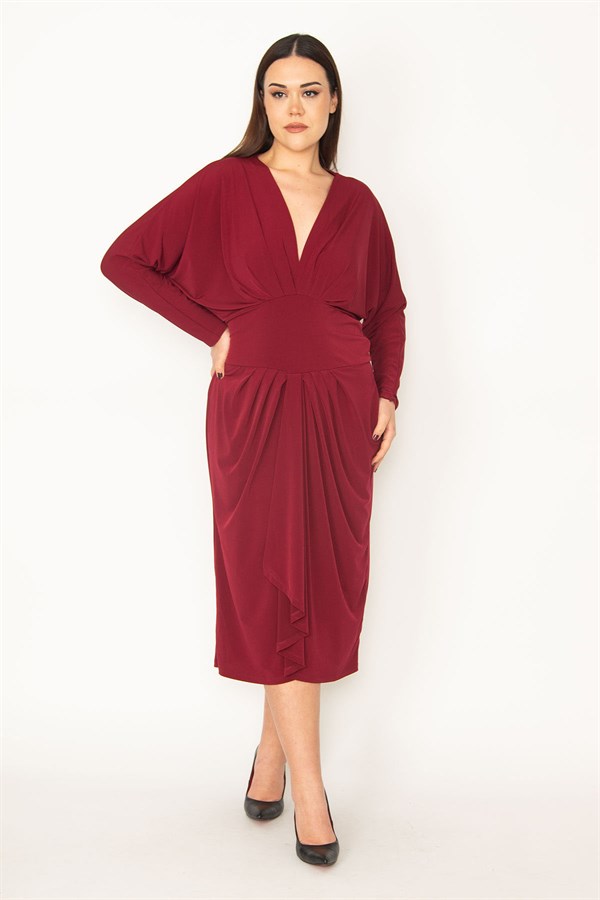 KADIN BORDO GÖĞÜS VE BEL DETAYLI ELBİSE