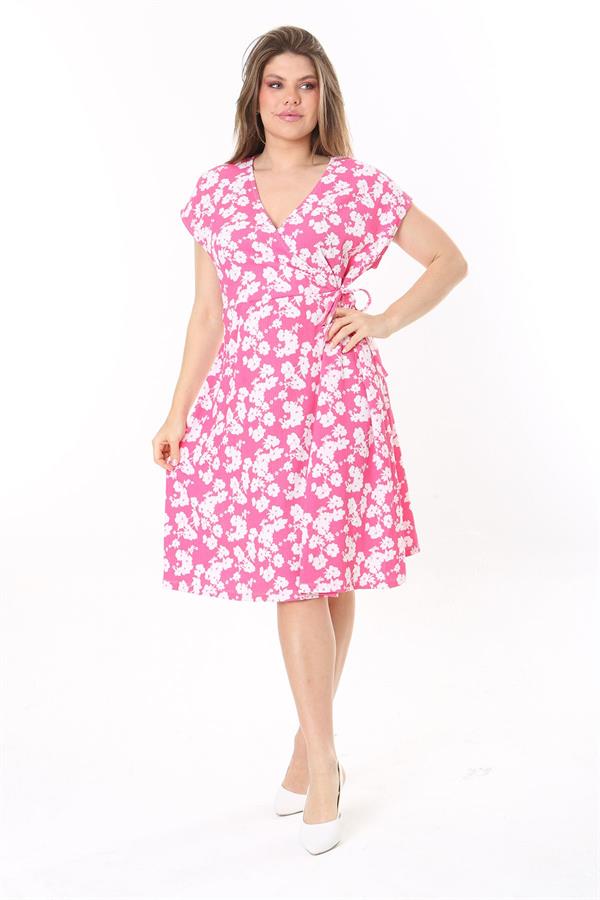 Kadın Pembe Anvelop Yakalı Yan Bağcıklı Bürümcük Elbise 65N37779