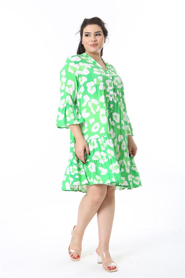 Kadın Büyük Beden Yeşil Ön Pat Düğmeli Katlı Elbise 65N38598